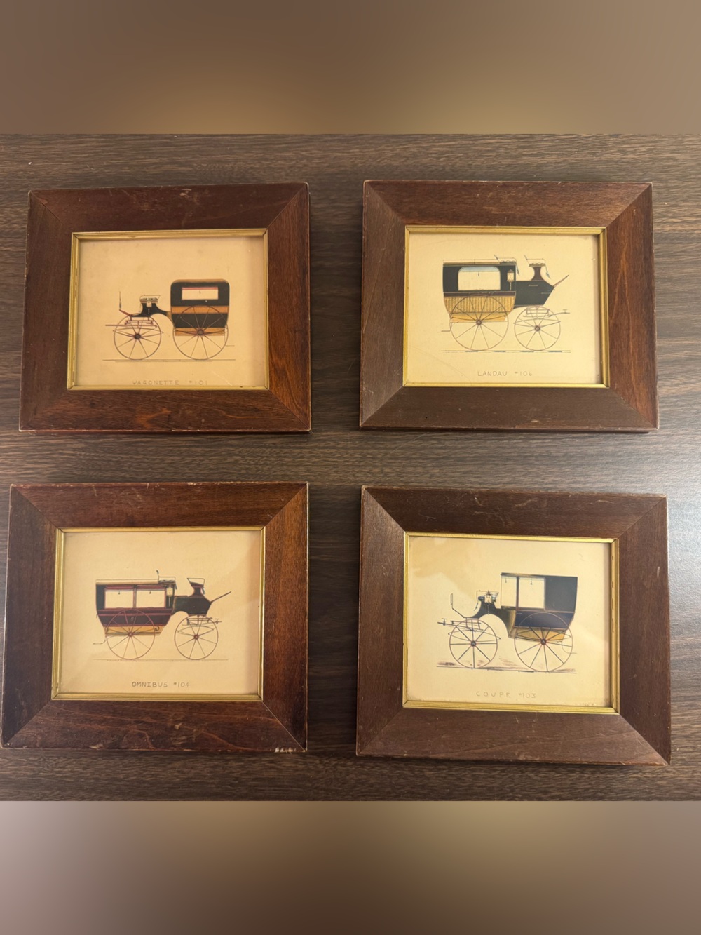 Vintage Horse Carriage Framed Prints Set of 4 Wood Frames Equestrian Art